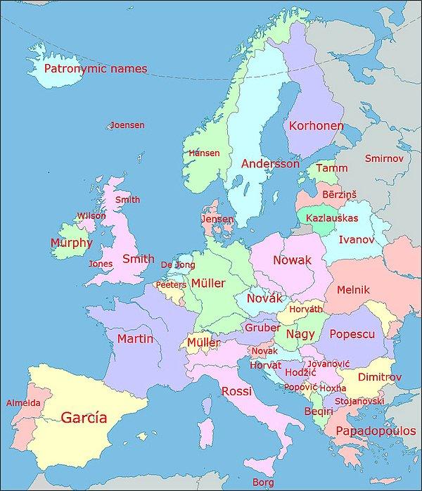7. Avrupa ülkelerinde en çok kullanılan soyisimler.