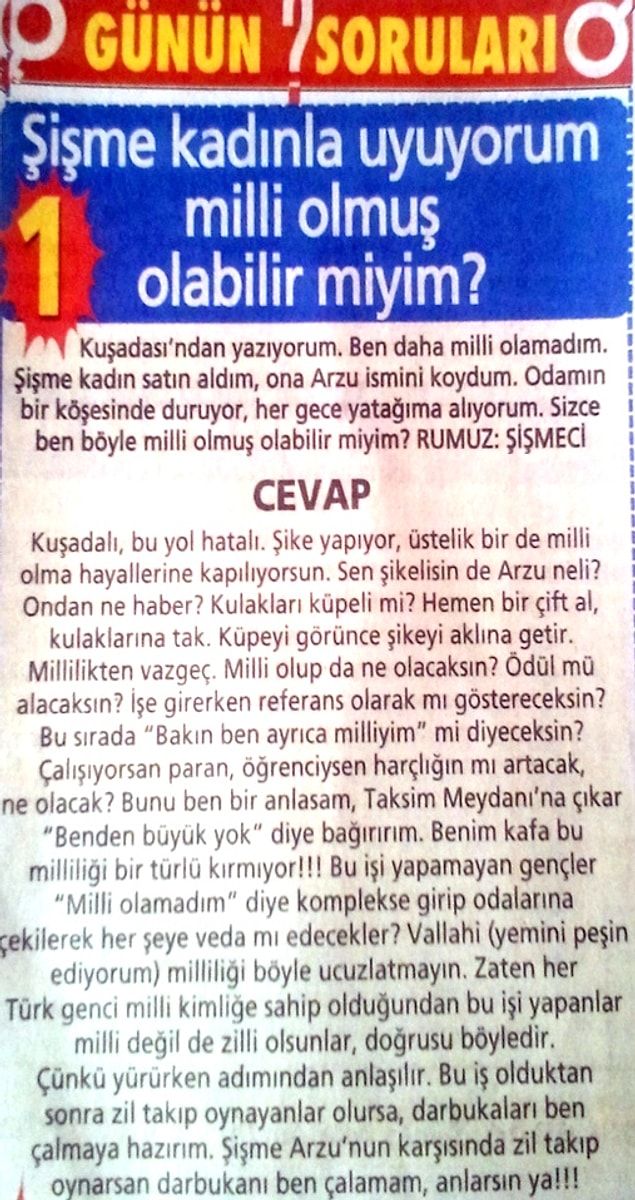 1. Şişme kadınla uyuyorum Milli olmuş olabilirmiyim ?