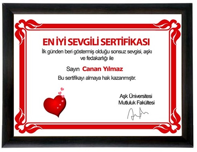 9-) En İyi Sevgili Sertifikası
