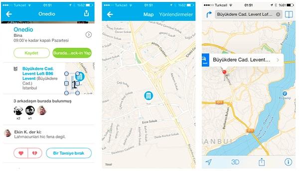 2. iPhone'da adres bulmanın en kolay yolu Foursquare'dir. Gireceğiniz yerin adını yazacaksınız, çıkan sonuçtan haritaya basacaksınız, daha sonra foursquare içinde açılan haritada sağ üstteki "Yönlendirmeler"e basacaksınız. Böylece Apple Maps direk olarak açılıp sizi gideceğiniz yere götürüyor! Çok kolay!