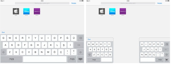 16. Bu da iPad bonusu: iPad'de klavye sol taraftaki gibiyken baş parmaklarınızla tutup yanlara ayırısanız sağdaki gibi olur ve iki elle daha rahat şekilde yazabilirsiniz