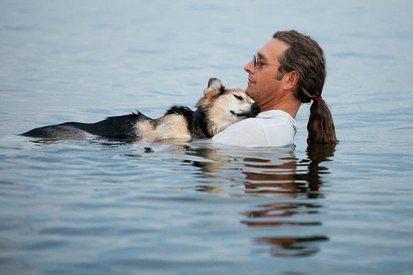 9. Bu yaşlı köpeğin sevgi dolu sahibi ağrılarını hafifletmek için onunla denizde terapi yaptığında