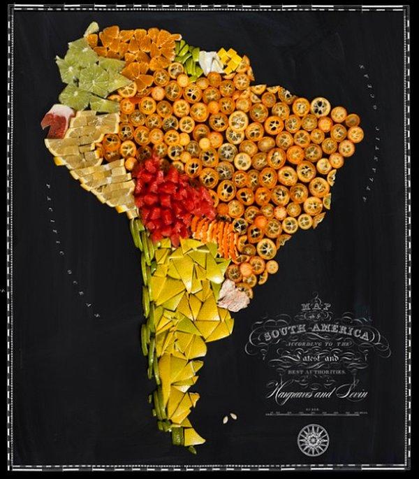 10. Turunçgillerden yapılmış Güney Amerika haritası