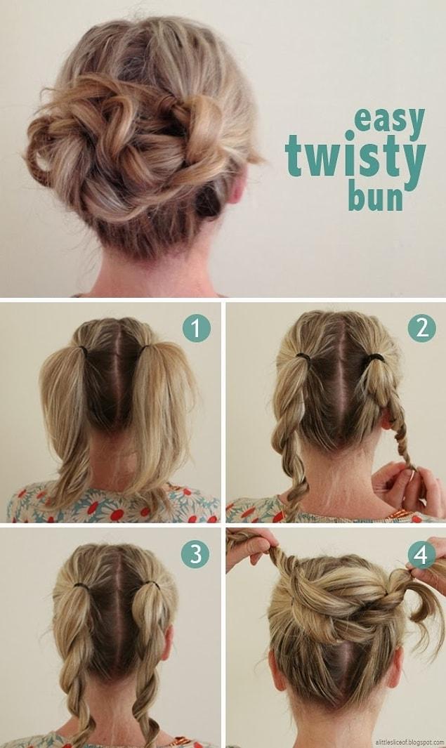 11. Saçınızı ortandan ikiye ayırıp burduktan sonra birbirine sararak bu topuzu 5 dakikada yapabilirsiniz.