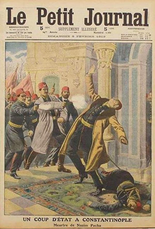 14. Harbiye Nazırı Nazım Paşa'nın Yakup Cemil Tarafından Bab-ı Âli baskınında vurulması, (Le Petit Journal, 9 Şubat 1913).