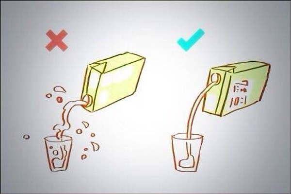 21. Напитки в упаковках (Тетра Пак) не будут разбрызгиваться, если их выливать как показано на изображение.