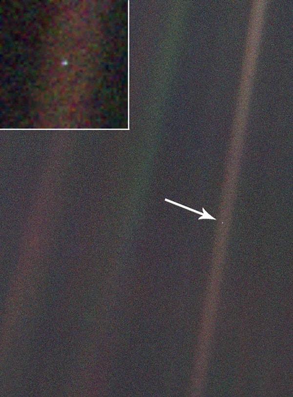 2. Dünya'nın en uzaktan çekilmiş fotoğrafı, yaklaşık 6 milyar kilometre öteden çekilmiştir ve Soluk Mavi Nokta olarak bilinir.