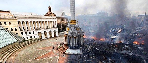 2. Kiev'deki Bağımsızlık Meydanı'nın devrimden önceki ve sonraki halleri. (2014)