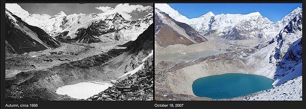 12. Himalayalar'da, Imja Buzulu'nda 1956 yılından beri yaşanan erime ve sonucunda oluşan gölet.