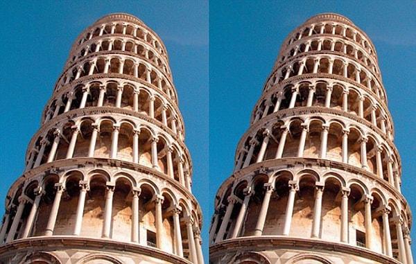 20. Pisa Kulesi'nin sağdaki fotoğrafında kule daha fazla sağa yatmış olarak görünmektedir. Gerçekte ise bu iki fotoğraf bire bir aynıdır