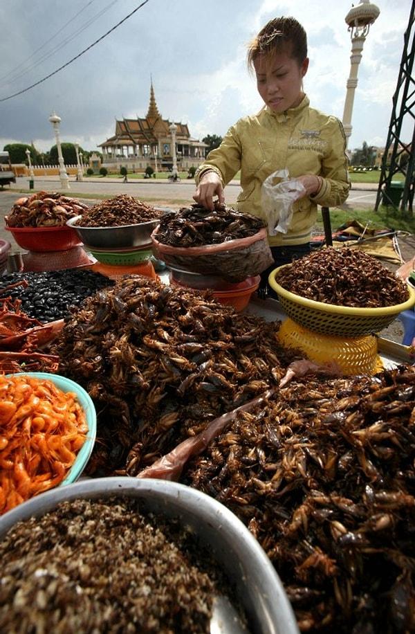 16. Kamboçyalı bir böcek satıcısı