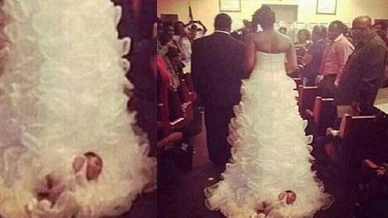 Bebeğini Gelinliğinin Kuyruğuna Bağladı