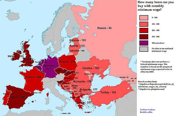 2- Avrupa'da en düşük maaşla alınabilecek maksimum bira sayısı Haritası
