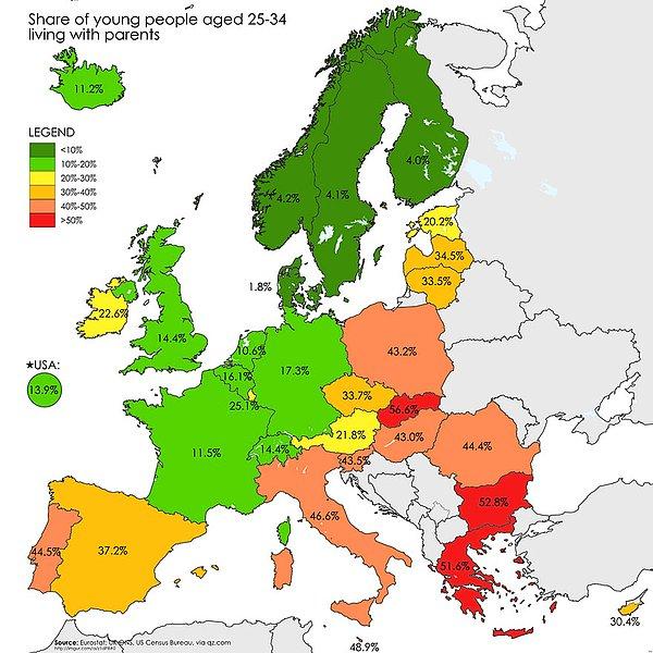 5- Avrupa'da 25-34 Yaş Arası Ailesi İle Yaşayanların Haritası