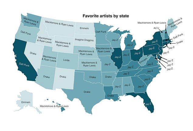28- Amerika Birleşik Devletlerinde En Çok Dinlenen Sanatçıların Haritası