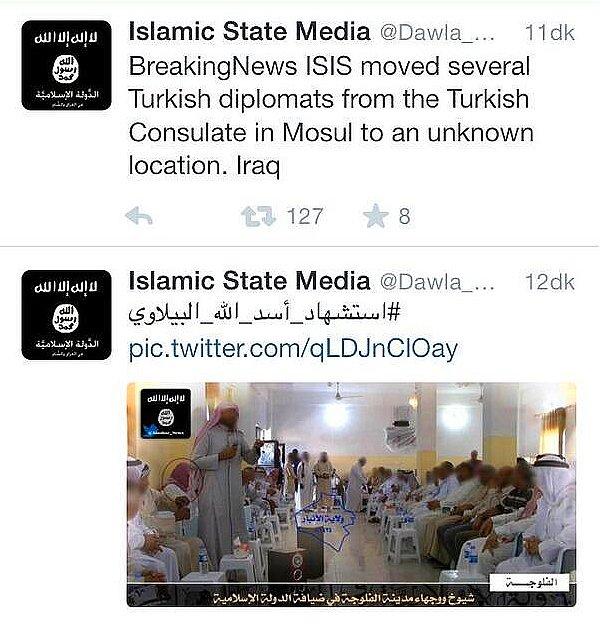 IŞİD kaynakları Türk diplomatlarla ilgili Twitter'dan açıklama yaptı