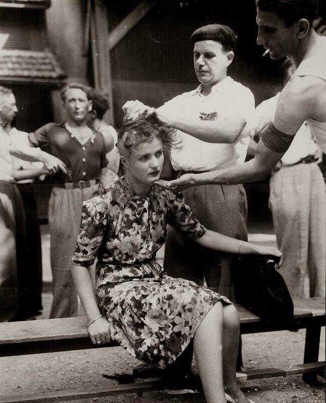 20. Fransız bir kadın, Nazi'lerle işbirliği yaptığı için, saçları kazınarak cezalandırılıyor, Fransa, 29 Ağustos 1944