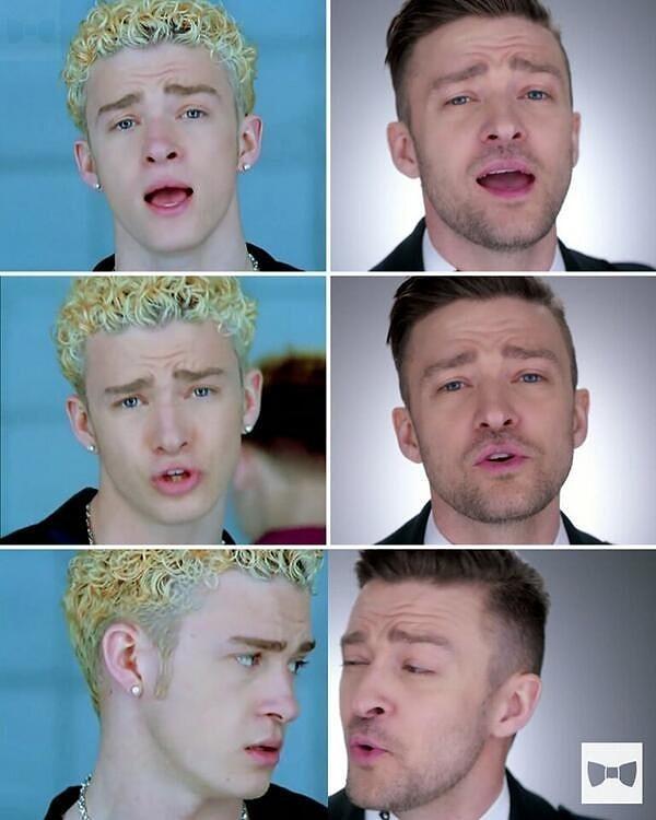 9. Justin Timberlake'in noddle saçlarının üzerinden 15 yıl geçti fakat aynı yüz ifadelerini kullanıyor.