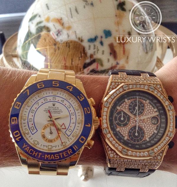Rolex Yacht Master ve yanında Audemars Piguetin şahane saatlerinden Royal Oak Offshore Chronograph serisinden Rose Gold ve pırlanta kaplama bir saat