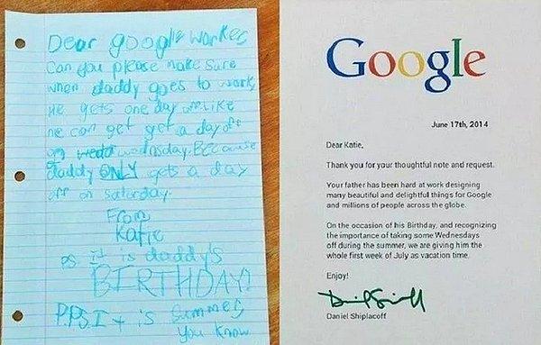 11. Çalışanlardan birinin küçük kızı, Google'a babasının çok çalıştığını anlatan ve yaş gününde izinli olmasını rica eden bir mektup gönderir. Kızın babasına 1 hafta izin verirler!