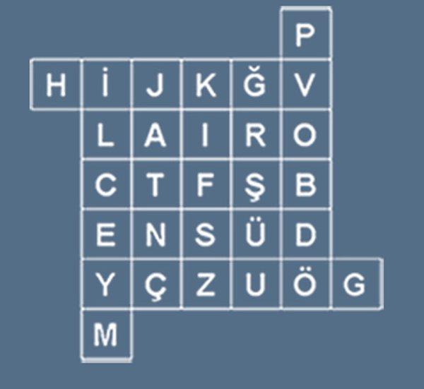 6) Aşağıdaki tabloda alfabemizin 29 harfi bulunuyor. Burada saklı olan en uzun sözcüğü bulunuz.