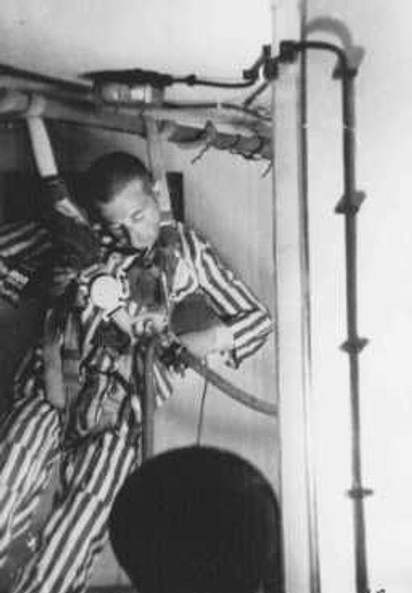 4. Uçak mürettebatının oksijensiz yaşayabileceği rakımı belirlemek üzere yapılan bir deneyde basınç odasında bilincini kaybeden bir esir (daha sora ölmüştür.)