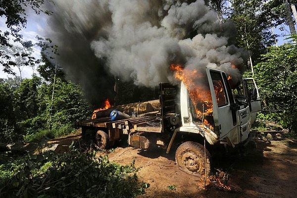 18. Ka’apor Indian savaşçıları tarafından ateşe verilen bir diğer kamyon
