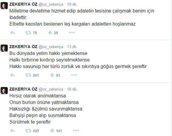 Zekeriya Öz'ün paylaştığı tweetler şöyle