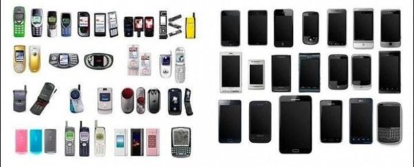 13. Eski cep telefonlarının binbir çeşidi varken akıllı telefonların hepsi aynı, herkesin elinde düz siyah ekranlar var.