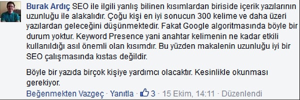 Yanlış 4: Makalelerin uzunluğu minimum 300 kelime olmalı, hedef kelimeleriniz makalede %3-7 oranında geçmelidir.