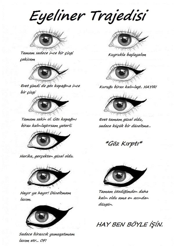 2. Eyeliner kuyruğunun iki gözde de aynı olması için saatlerce vakit harcamak.