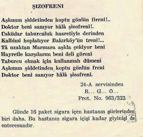 60'larda Bakırköy Ruh ve Sinir Hastalıkları Hastanesi’nde Yatan Akıl Hastalarının Yazdığı 26 Şiir