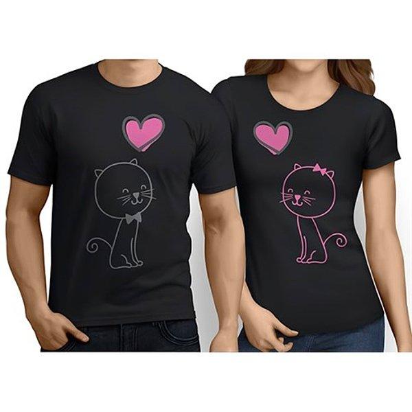 Sevgili Tişörtleri - Siyah - Aşık Kediler