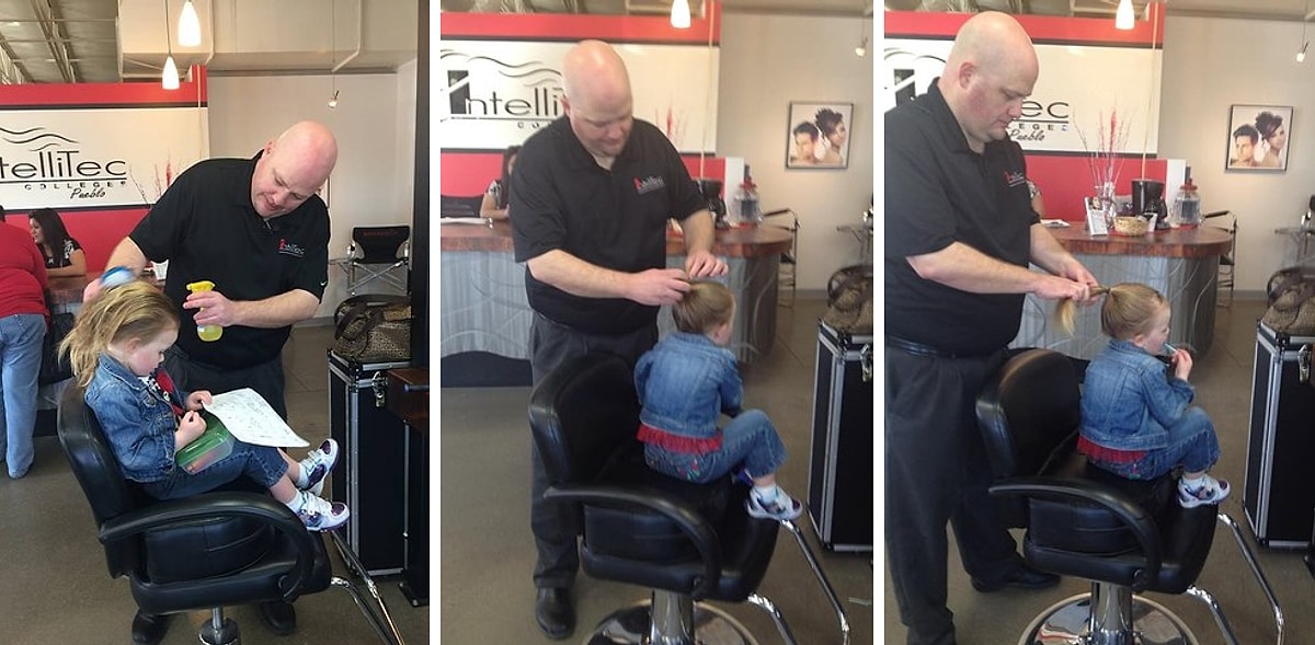 Папа делает прическу дочке. Папа сделал дочка. Папа фотошопит картинку с ребенком. Маленькая дочка наряжает папу. Костюм кентавра и канарейки.