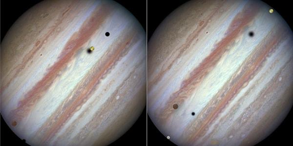 22. Fotoğrafta Jüpiter'in 3 farklı uydusunu görüyorsunuz. Hubble Uzay Teleskobu'ndan bir görüntü 24 Ocak 2015'te çekilmiş 5 Şubat'ta yayınlanmış. Jupiter'in 4 uydusu genellikle yörüngeden geçerken bulutların üzerine oluşturduğu gölgelerle yakalanıyor. Bu arada 3 tane uydu yan yana sadece 10 yılda bir geliyor.