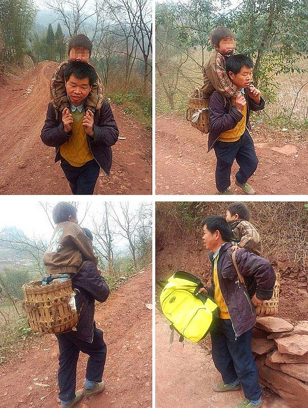 1. Engelli çocuğunu her gün 30 kilometrelik yol yürüyerek okuluna götüren bu güzel Çinli adam...