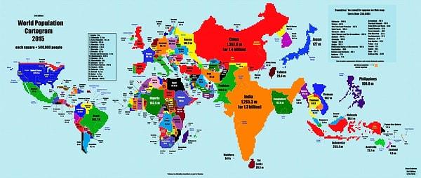 Ülkelerin nüfusları ile orantılanmış bir dünya haritası (2015)