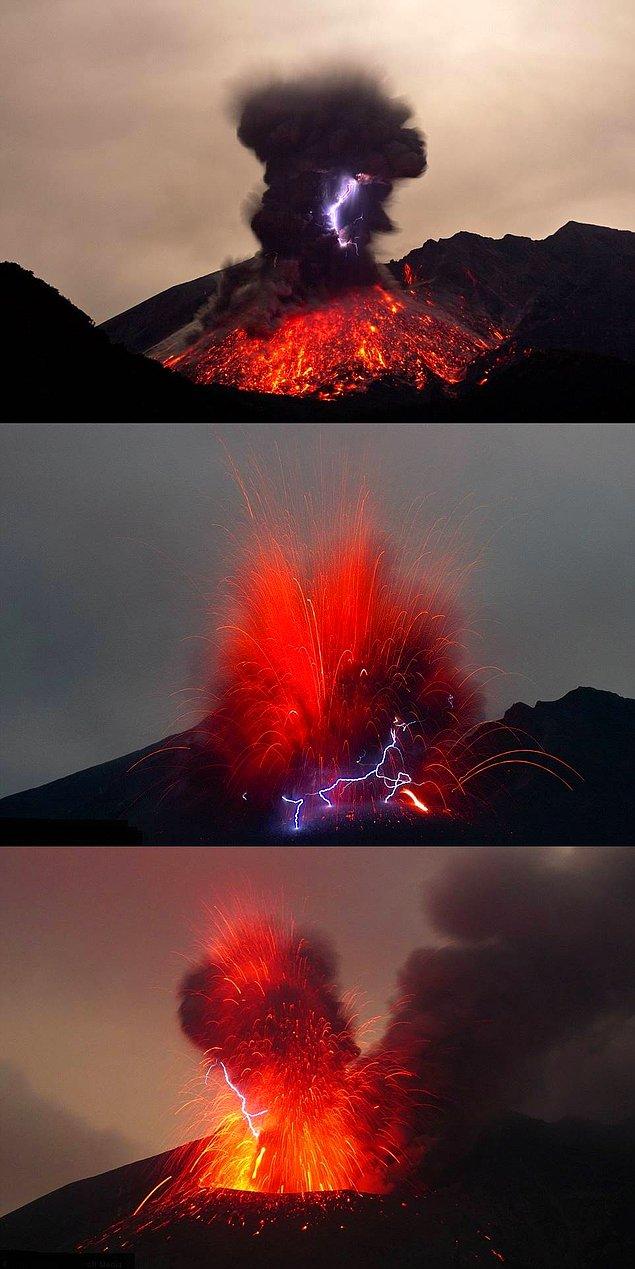 Japonya'da Kyushu Adasındaki Volkanik Patlama Esnasında Oluşan Şimşekler