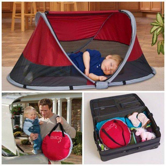 17. Siz pikniğe gittiğinizde bebeğinizi sinek ve böceklerden koruyarak uyumasını sağlayacak minik çadır