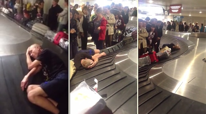 Havalimanında Bagaj Bandı Üzerinde Uyuyan Adam