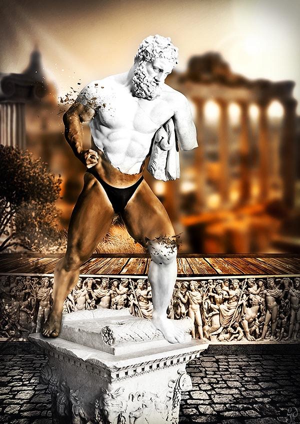 19. HEYKEL: 1980 yılında Antalya’da ortaya çıkarılan ve diğer parçalarının 2011 yılında ABD'den Türkiye’ye iadesi sağlanan “Yorgun Herakles” heykeli haberlerine bir gönderme.