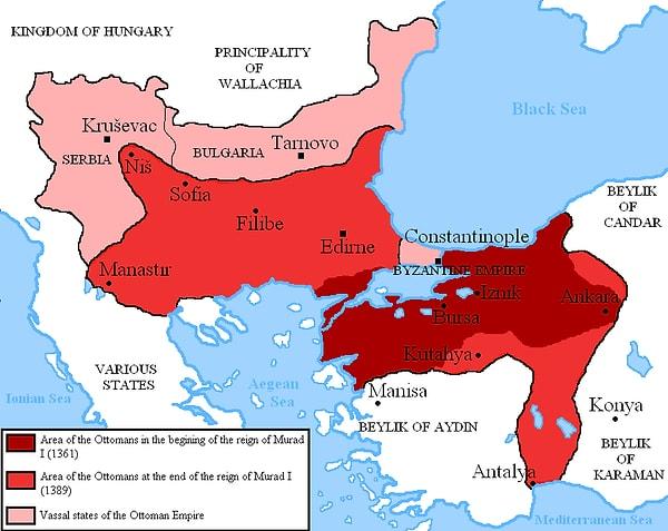 1.Murad Anadolu ve Balkanlar'daki ilerlemeyi sürdürmüş ve topraklarına kattığı Edirne'yi başkent yapmıştır .