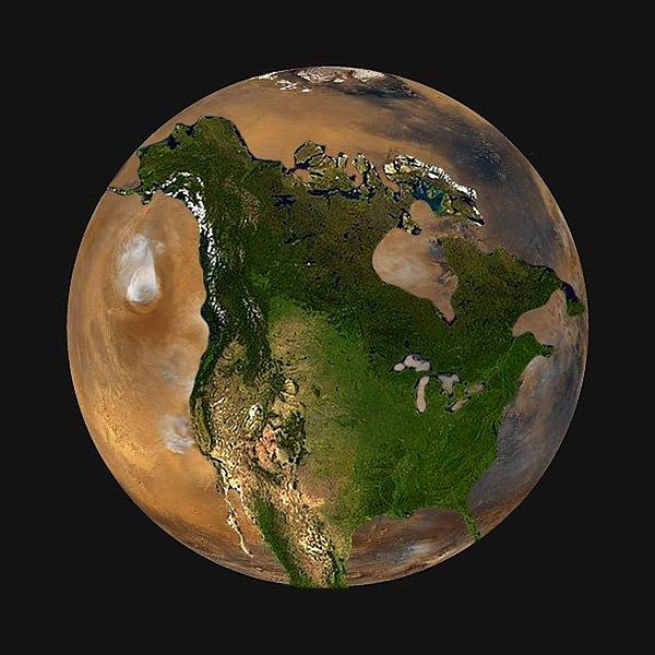 5. Şimdilerde "ikinci evimiz" olarak görülen Mars, Dünya'nın yarısından biraz daha büyük. Öyle görülüyor ki, Kuzey Amerika bile zor sığmış.