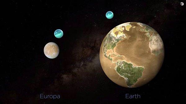 8. Jüpiter'in sulak uydusu Europa, Dünya'dan dört kat daha küçük. Fakat Dünya'daki okyanusların sahip olduğundan daha fazla suya sahip.