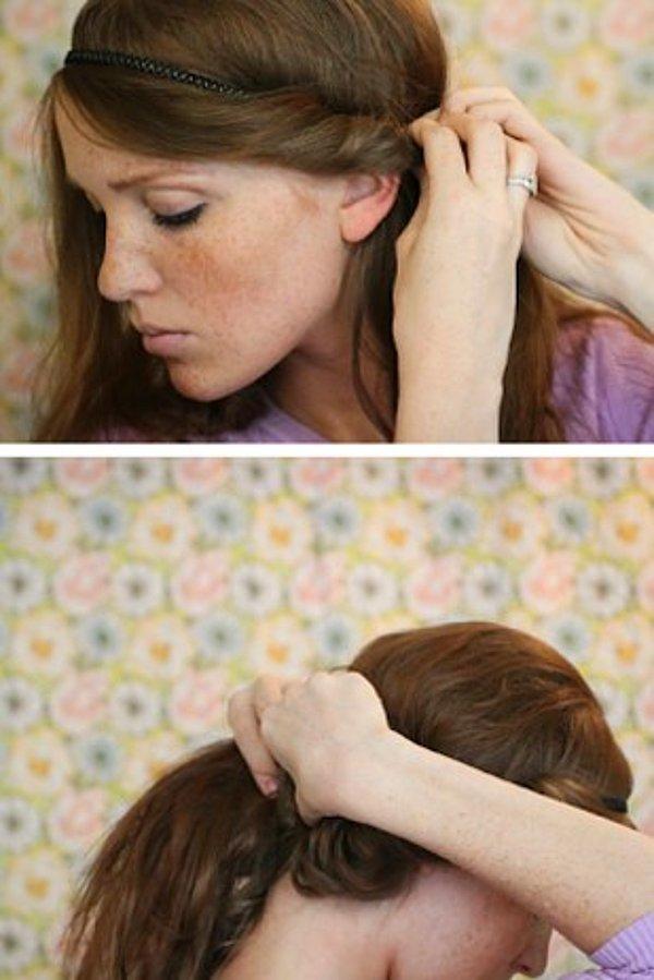 7. Saçlarınız uzunsa, arkaya doğru kıvırarak; ince bir bantla geride sabitleyin.