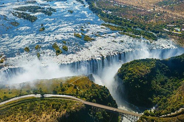 14. Victoria Falls forms the border between Zambia and Zimbabwe, it is also known as "The Smoke that Thunders". Bungee jumping, zip-lining, white water rafting, and helicopter flights are available on site.