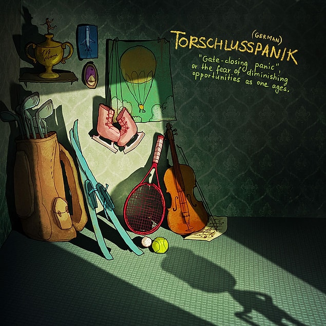Torschlusspanik (Almanca): “Kapanan kapı korkusu” gibi bir karşılığı olan bu sözcük bir insanın yaşlandıkça azalan fırsatlardan korkması durumudur