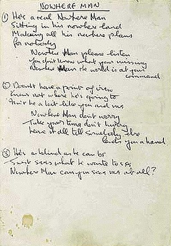 5. John Lennon'ın ‘Nowhere Man’ adlı şarkısının kendi el yazısıyla yazılmış sözlerinin bulunduğu defter yaprağı, New York'ta düzenlenen bir açık artırmada 300.000 dolara satıldı (2004)