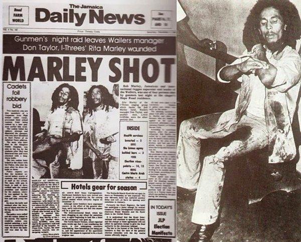 13. Yaklaşan seçimler sebebiyle sürekli tehditler alan ve iktidar partisine destek verdiği bilinen Bob Marley, karşıt görüşlü siyasi bir grup tarafından evinde silahlı saldırıya uğradı. (1976)