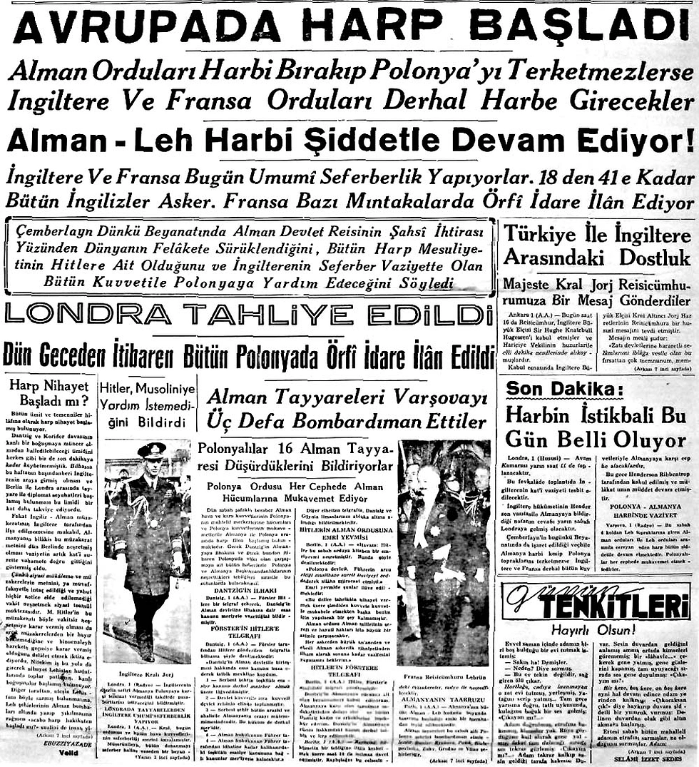 2 EylÃ¼l 1939: Avrupa'da Harp BaÅŸladÄ±